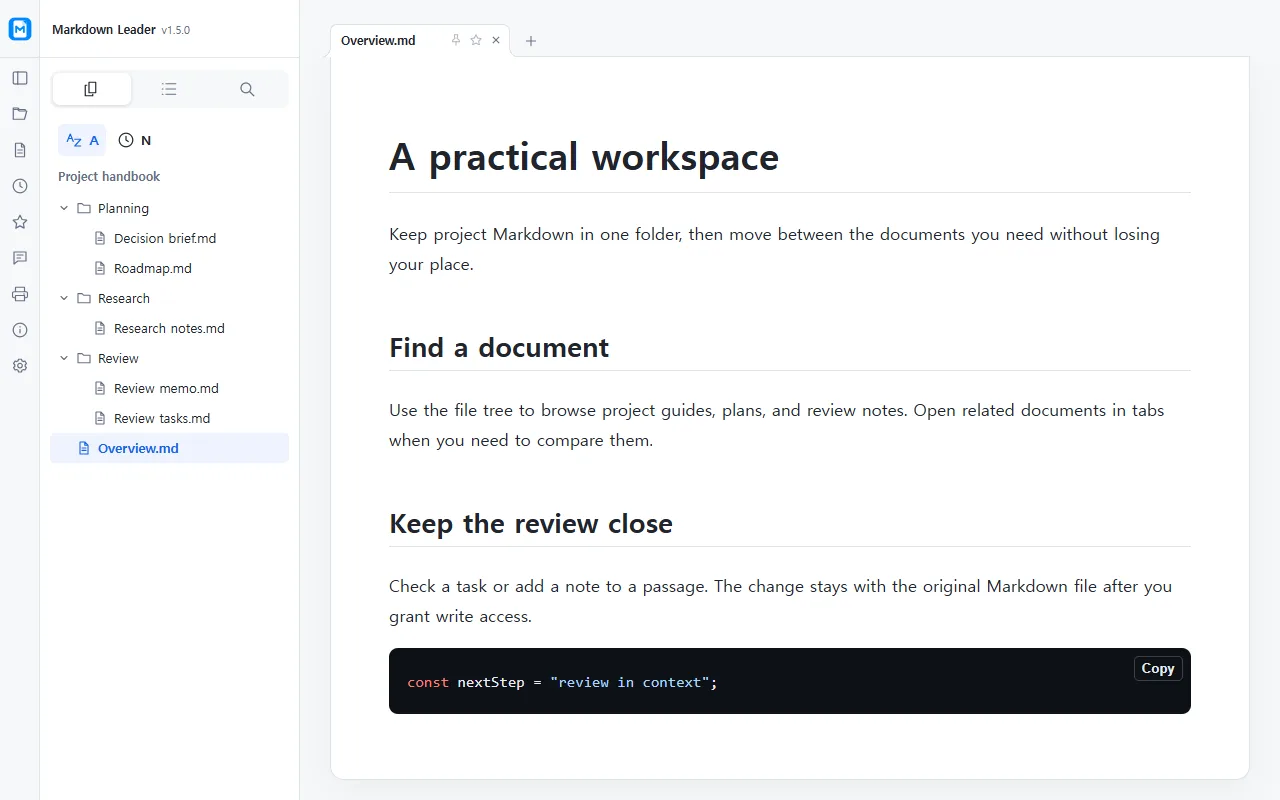 Markdown Leader showing a folder tree of Markdown files beside a rendered document