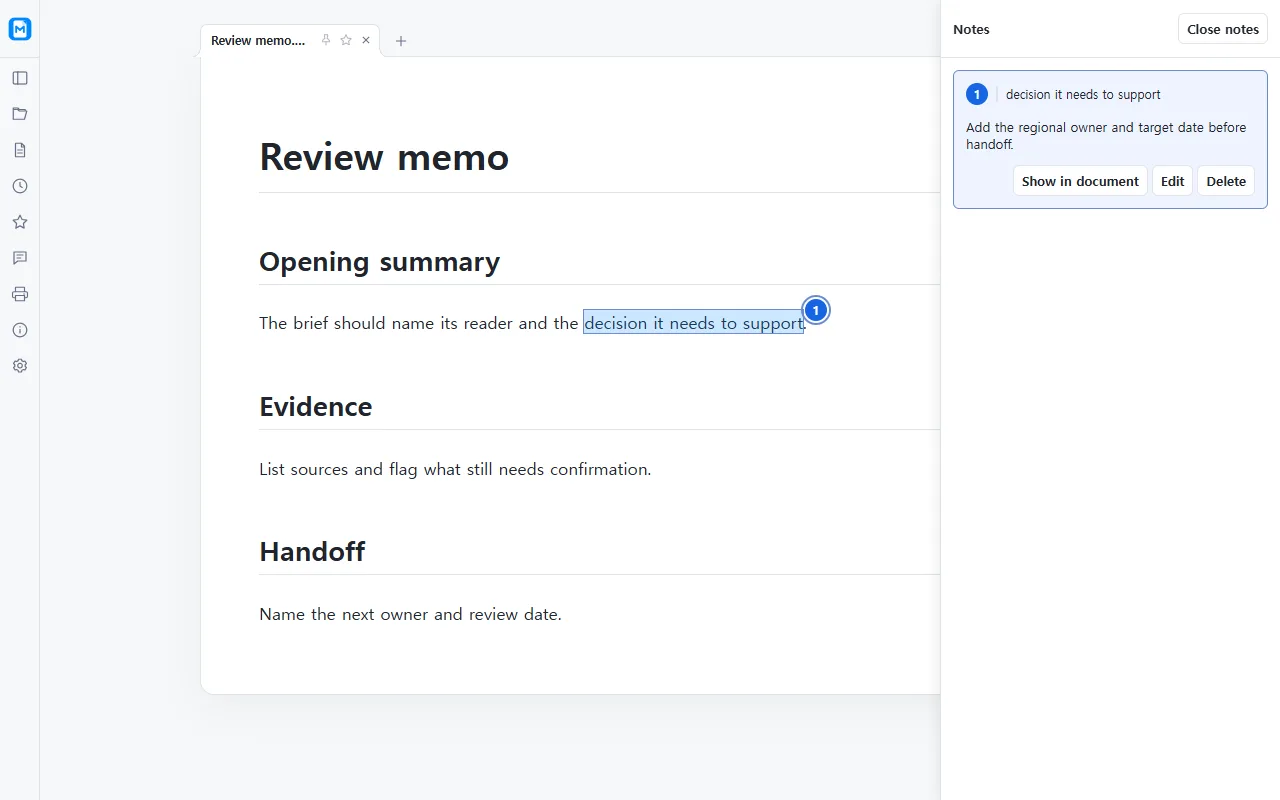 A review note attached to a highlighted passage in Markdown Leader