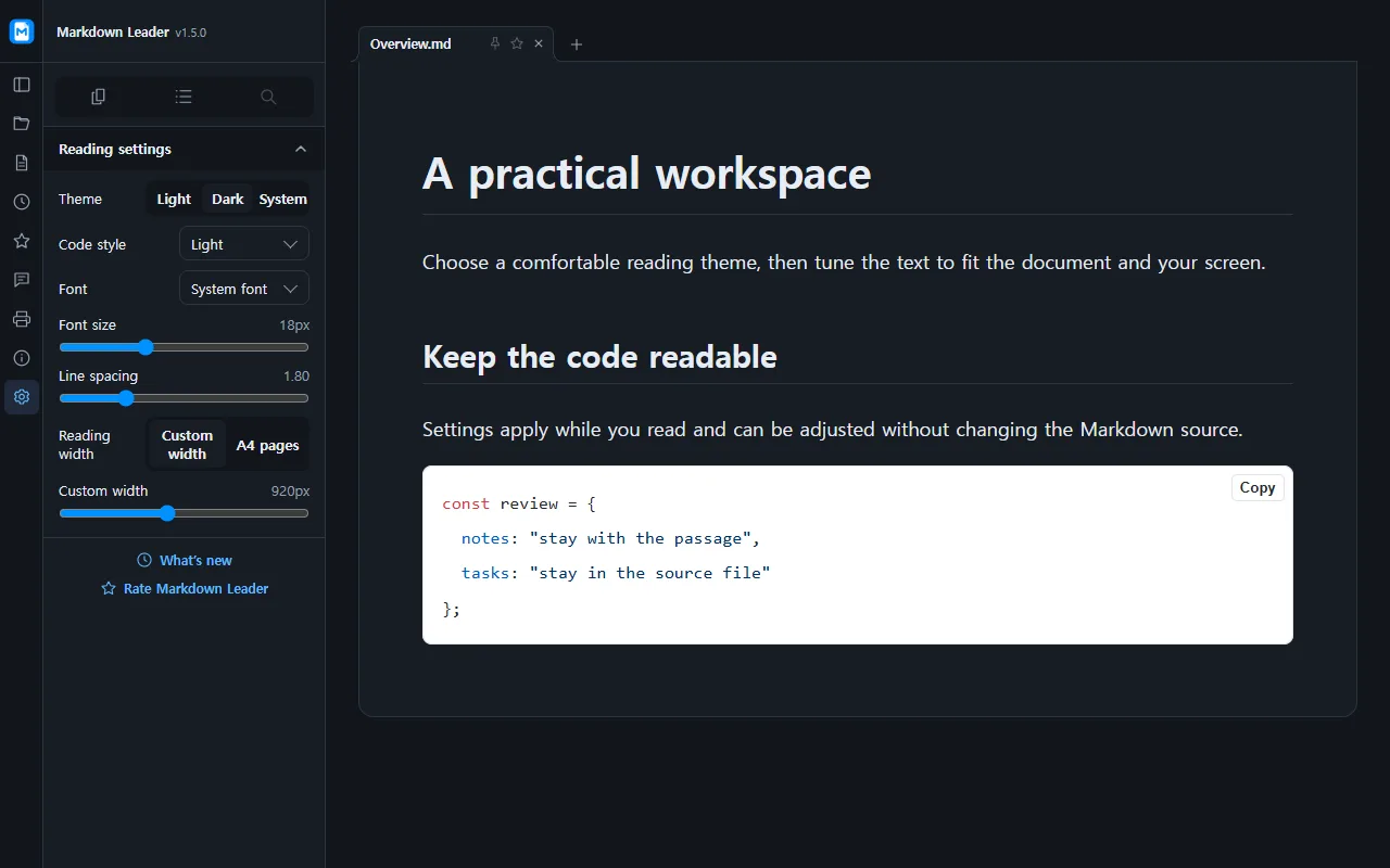 Markdown Leader reading settings for theme, font, and reading width