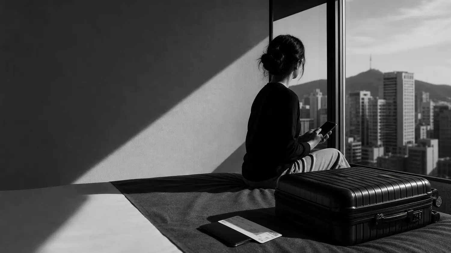 Black-and-white photo of a person checking a phone beside a suitcase at a window over the city, from MoaAlarm's brand imagery